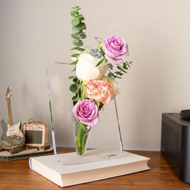 Aesthetic Clear Acrylic Flower Vase with Photo Frame - 8x6 Inch Multi-Functional Vase for Home, Room, Office, and Wedding Centerpieces Decor Ornaments