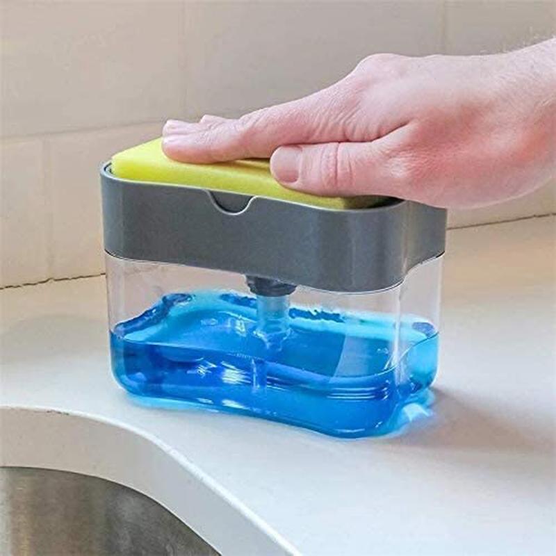 Dalax-Dish Soap Dispenser Detergent Squeezer for Kitchen Sink Dish Washing, Manual Press Liquid Pump & Sponge Holder 2 in1, Innovative Refillable Storage Container Countertop Soap Pump Dispenser Caddy Gift