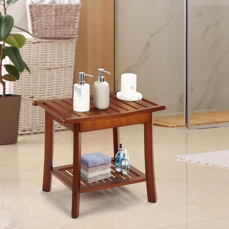 Rengue Teak Shower Bench for Inside 2-Tier Wood Shower Chair with Storage and Towel Rack Waterproof Shower Stool Bathroom Shower Seats 23.7 x 12.9 x 18.4 Inch