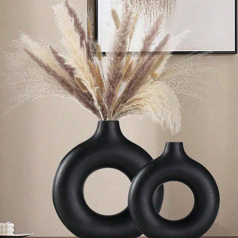 1pc Black Plastic Circular Flower Vase Decoration, Simulated Dry Flower Decoration Vase, Artistic Vase For Floral Arrangements, Simple Fall Living Room Exhibition Hall Decoration,Home Decor,Flower Vase,Centerpiece,Table Decor