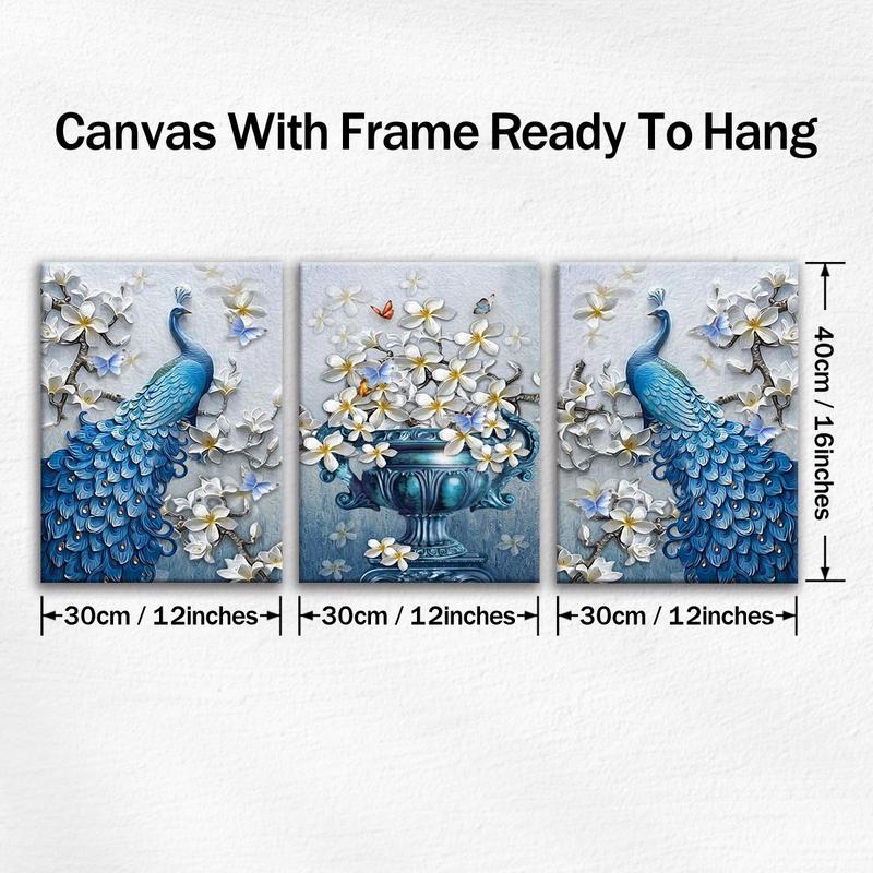 Wooden Framed Canvas Painting, 3 Counts set Peacock Pattern Wall Art, Modern Art, Perfect Living Room Decor, Home Decoration Poster, Room Mural, Office Poster