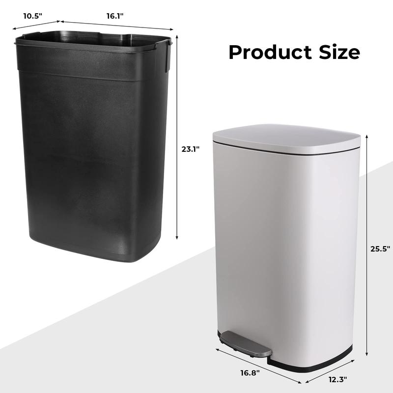 13.2 Gallon Step Trash Can, Stainless Steel Garbage Bin with Removable Plastic Inner Bucket, Soft-Close, Fingerprint-Proof