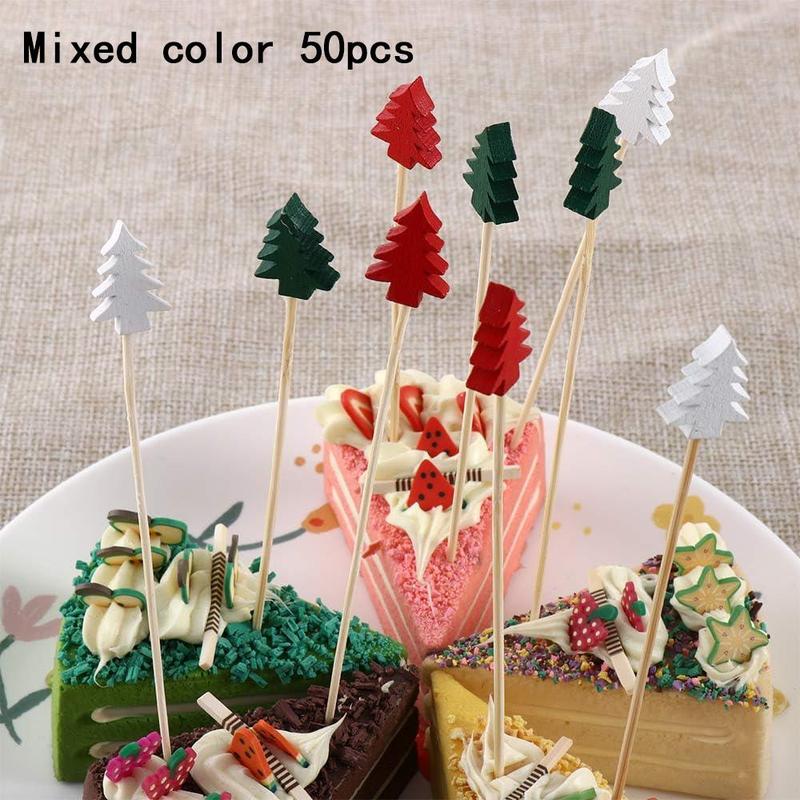 Christmas Tree Shaped Decorative Stick, 50pcs set Disposable Lovely Cake Dessert Fruit Stick, Decorative Stick for Party Birthday Picnic Dining Room