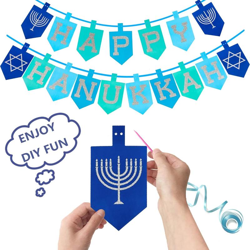 Hanukkah Decorations for Home, Glitter Happy Hanukkah Banner for Party, Blue Chanukah Bunting Ornaments Decor Indoor, Hanukkah Decorations Party