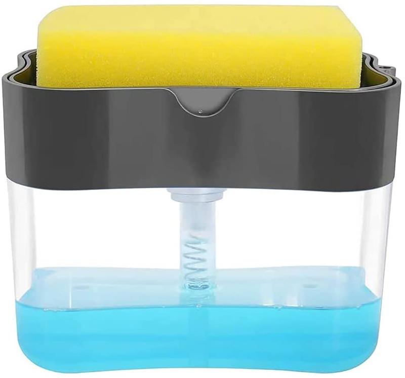 Dalax-Dish Soap Dispenser Detergent Squeezer for Kitchen Sink Dish Washing, Manual Press Liquid Pump & Sponge Holder 2 in1, Innovative Refillable Storage Container Countertop Soap Pump Dispenser Caddy Gift