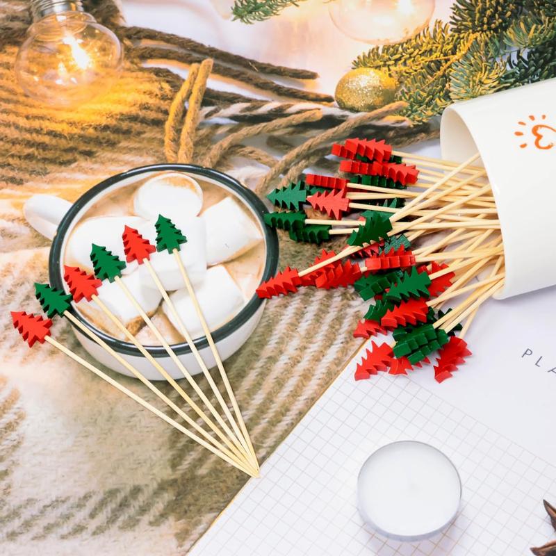 Christmas Tree Shaped Decorative Stick, 50pcs set Disposable Lovely Cake Dessert Fruit Stick, Decorative Stick for Party Birthday Picnic Dining Room