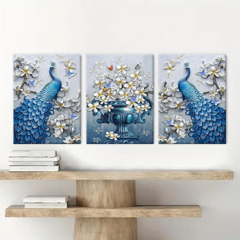 Wooden Framed Canvas Painting, 3 Counts set Peacock Pattern Wall Art, Modern Art, Perfect Living Room Decor, Home Decoration Poster, Room Mural, Office Poster