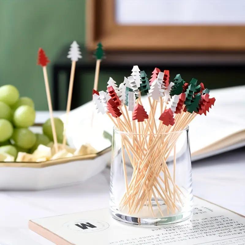 Christmas Tree Shaped Decorative Stick, 50pcs set Disposable Lovely Cake Dessert Fruit Stick, Decorative Stick for Party Birthday Picnic Dining Room