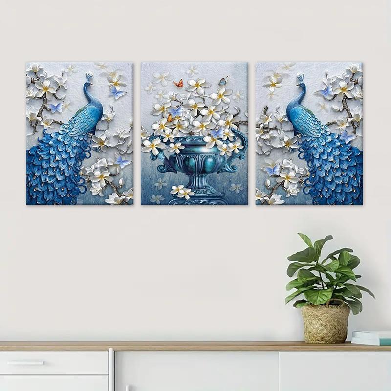 Wooden Framed Canvas Painting, 3 Counts set Peacock Pattern Wall Art, Modern Art, Perfect Living Room Decor, Home Decoration Poster, Room Mural, Office Poster