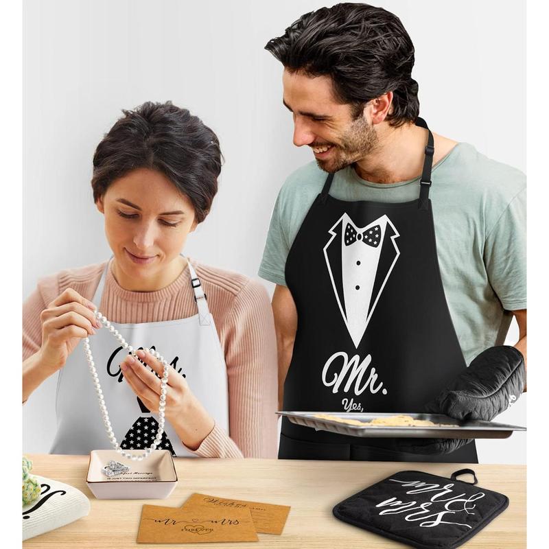 Mr and Mrs Aprons for Couples Gifts - Anniversary, Bridal Shower, Wedding, Engagement gifts for Couples, Christmas Gifts for Couple, His and Her Gifts, 8 Pack Cooking Apron Gift Set