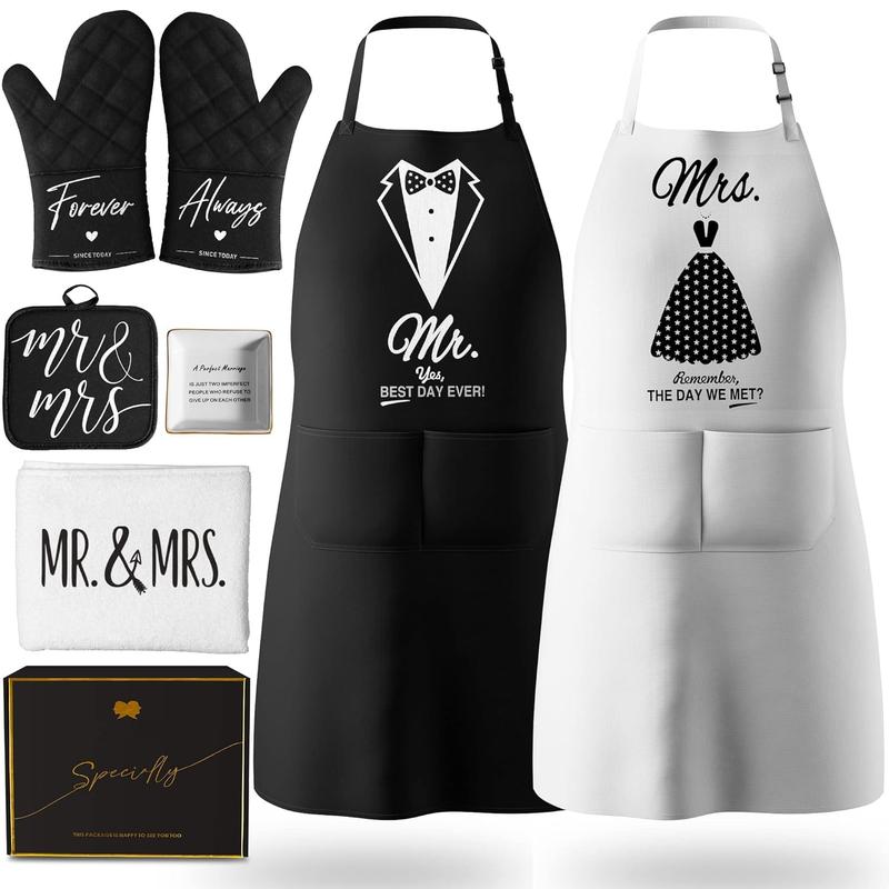 Mr and Mrs Aprons for Couples Gifts - Anniversary, Bridal Shower, Wedding, Engagement gifts for Couples, Christmas Gifts for Couple, His and Her Gifts, 8 Pack Cooking Apron Gift Set