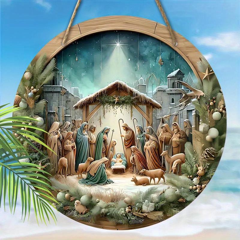 Wooden Christmas Hanging Ornament, 1 Count Nativity Scene Round Christmas Decoration Wall Sign, Ideal Christmas Gift for Christians