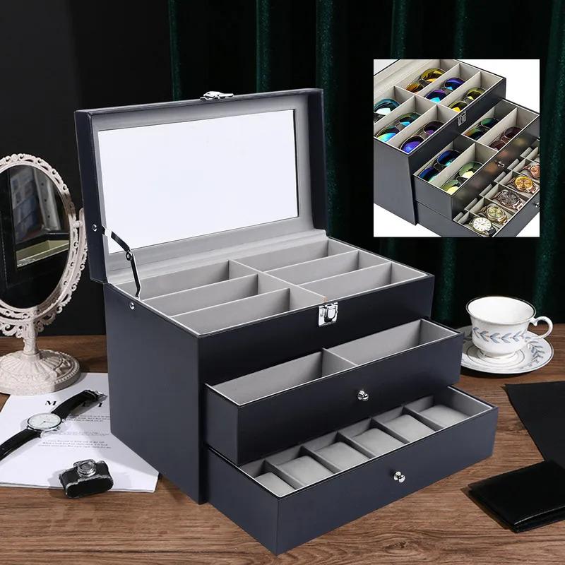 9 15 24 Grid Jewelry Collection Storage Holder Box Leather Watch Glasses Display Case Sunglasses Storage Holder