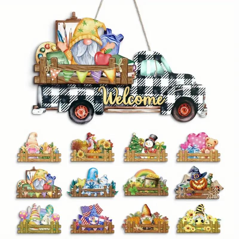 Putuo Decor 13pcs Interchangeable Welcome Sign Seasonal, Wood Red Truck Holiday Welcome Door Sign, Interchangeable Holiday Decor for Independence Day Halloween Fall Winter Thanksgiving pampas  christmas tree