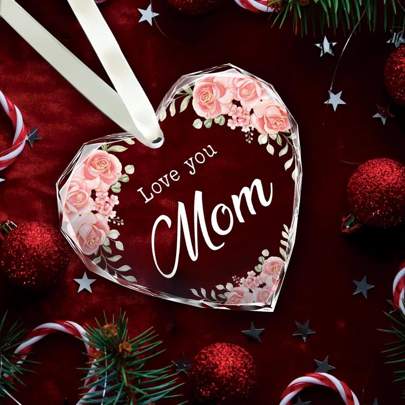 NewEleven Gifts for Mom, Mom Gifts, Mama Gifts, Birthday Gifts for Mom, Gift for Mom from Daughter, Son, Love You Mom Gifts, Thanksgiving, for Mom - Glass Heart Christmas Ornament