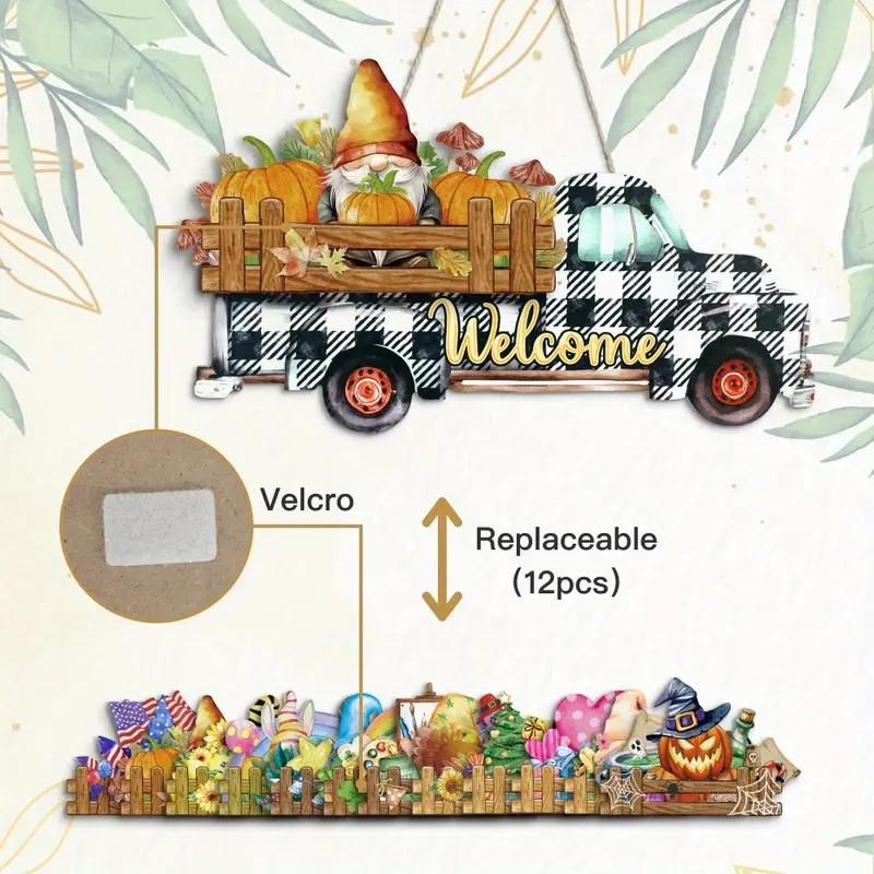 Putuo Decor 13pcs Interchangeable Welcome Sign Seasonal, Wood Red Truck Holiday Welcome Door Sign, Interchangeable Holiday Decor for Independence Day Halloween Fall Winter Thanksgiving pampas  christmas tree