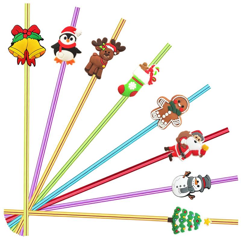 Christmas Themed Straws, 24pcs set Reusable Christmas Themed Straws with Cleaning Brush, Festive & Party Supplies, Christmas Party Favors