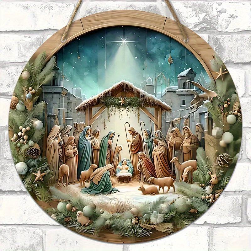 Wooden Christmas Hanging Ornament, 1 Count Nativity Scene Round Christmas Decoration Wall Sign, Ideal Christmas Gift for Christians