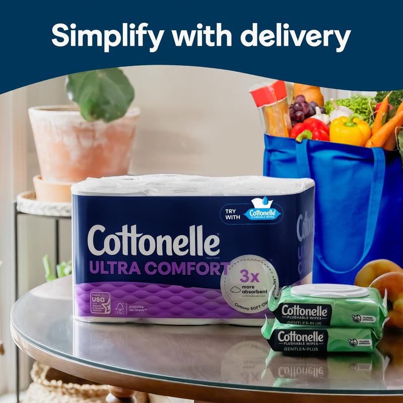 Cottonelle Ultra Comfort Toilet Paper, Soft Tissue, 12 Mega Rolls - Perfect for Your Home - Wipes