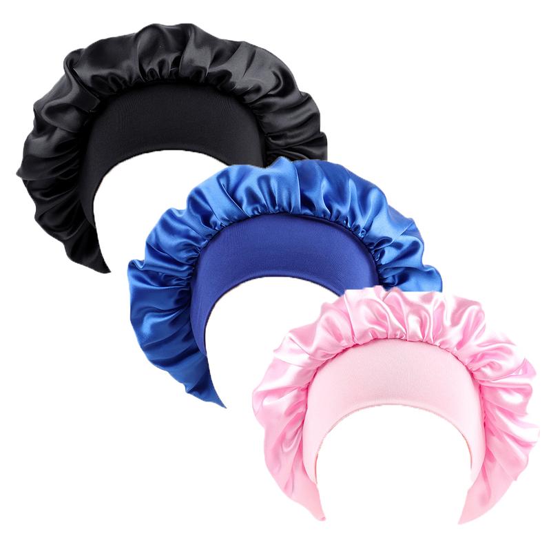 3 Packs Luxurious Satin Bonnet Silk Hair Wrap Set for Curly Hair Elastic Wide Band Women's Sleepwear Accessories for Hair Protection and Style Shower