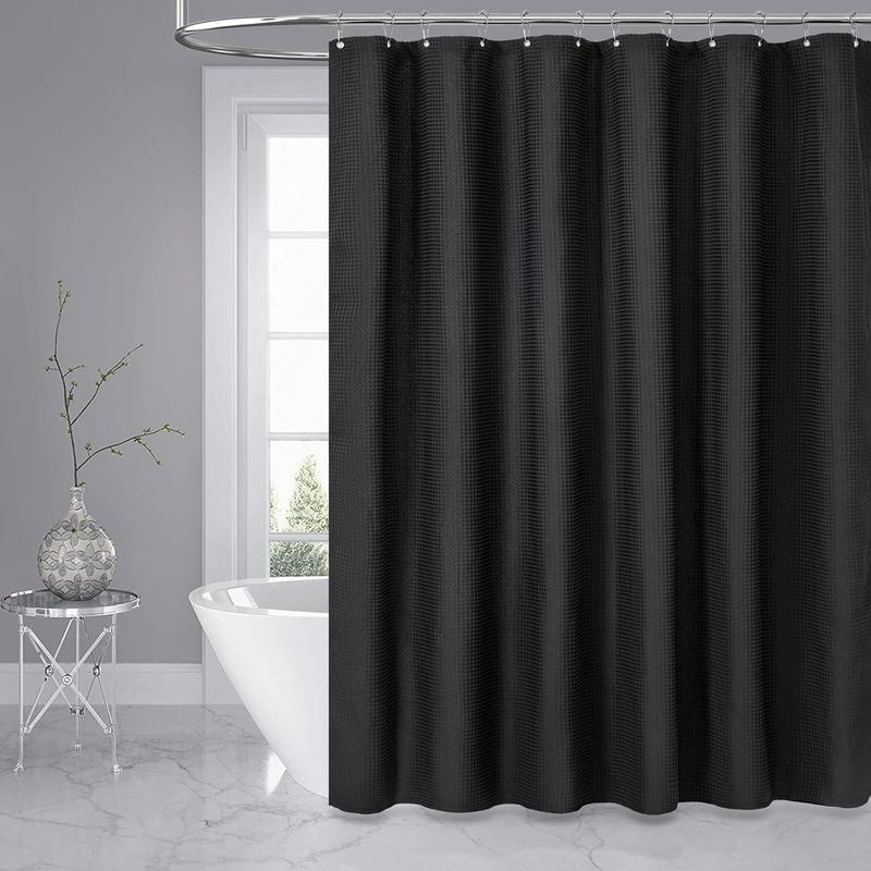 Black Fabric Shower Curtain - Waffle Textured Heavy Duty Cloth Curtains for Bathroom, 256GSM Hotel Spa Luxury Weighted Polyester Bath Curtain Set with 12 Plastic Hooks(72Wx72H, Black)