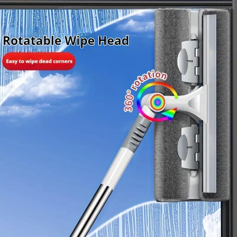 2 in 1 Window Cleaning Brush, 1 Count Manual Glass Door Cleaner with Extendable Handle & 2 Replacement Cloths, Glass Wiper for Home