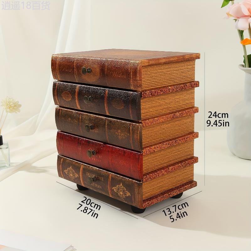 5-Layer Vintage Book-Shaped Wooden Storage Box with Drawers, Classic American Style Jewelry Organizer, Collectible Desk and Drawer Organizer, No Electricity Required, Desk & Drawer Organizer for Home Storage