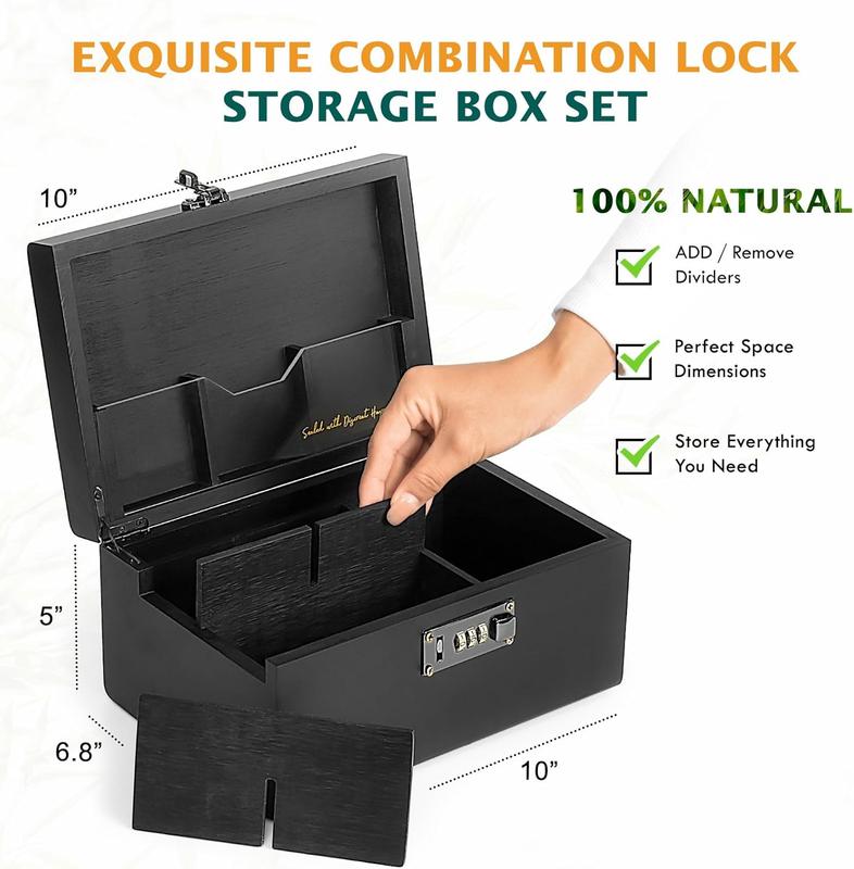 Large Bamboo Box With Combination Lock, Stash Decorative Box Home Locking Box Set, Lockable Wooden Storage with Glass Jar Great Christmas Gifts for Men Women