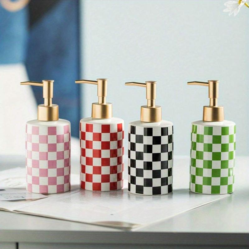 Checkerboard Pattern Ceramic Soap Dispenser, 10.55oz Soap Dispenser with Manual Pump, Refillable Empty Container for Shampoo, Body Wash, Hand Soap