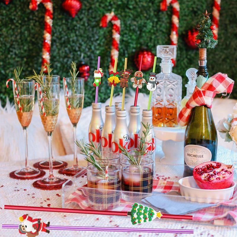 Christmas Themed Straws, 24pcs set Reusable Christmas Themed Straws with Cleaning Brush, Festive & Party Supplies, Christmas Party Favors