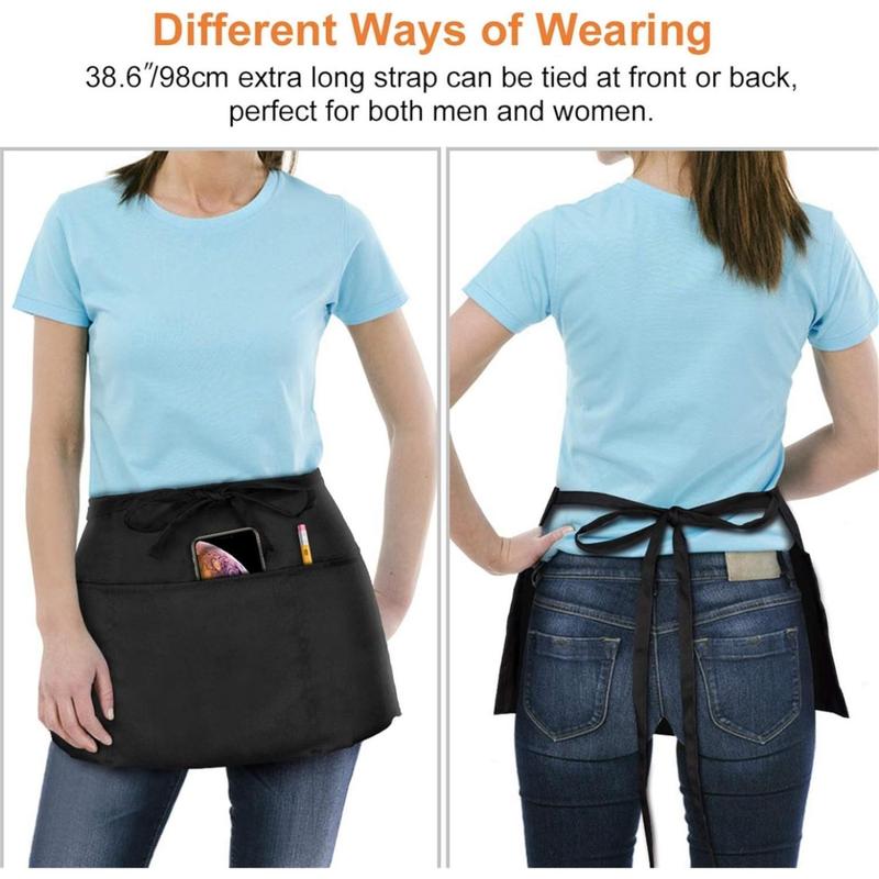 2 Pack Waitress Apron with 3 Pockets - Water & Oil Resistant - Black Waist Aprons for Servers - Half Aprons for Women - 12 Inch