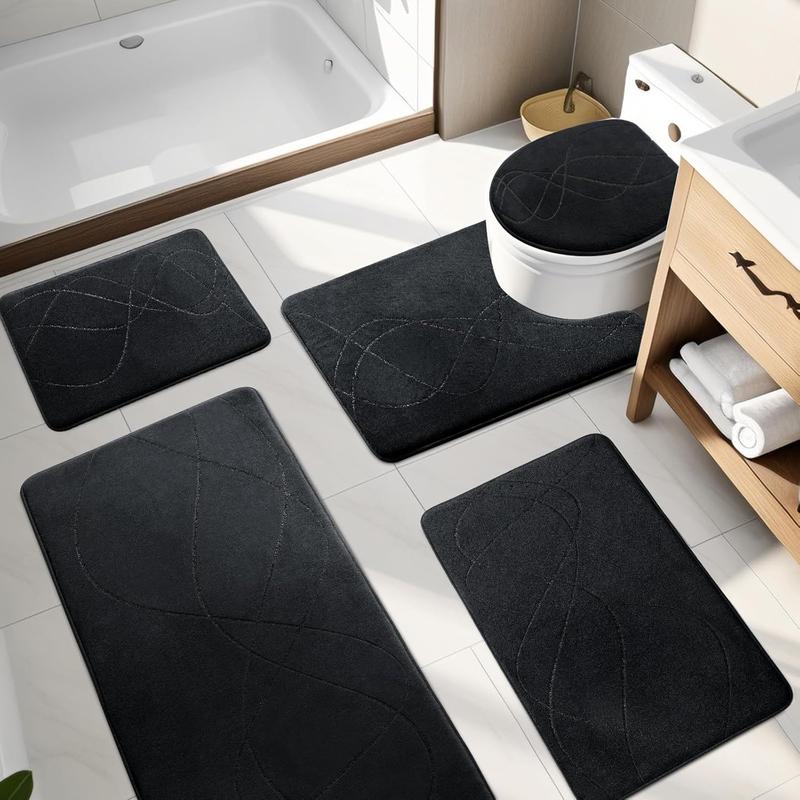 Bathroom Rugs 5 count - Absorbent Memory Foam Bath Mat for Bathroom, Non-Slip, Machine Washable, Dries Quickly, Bathroom Mat Set Black