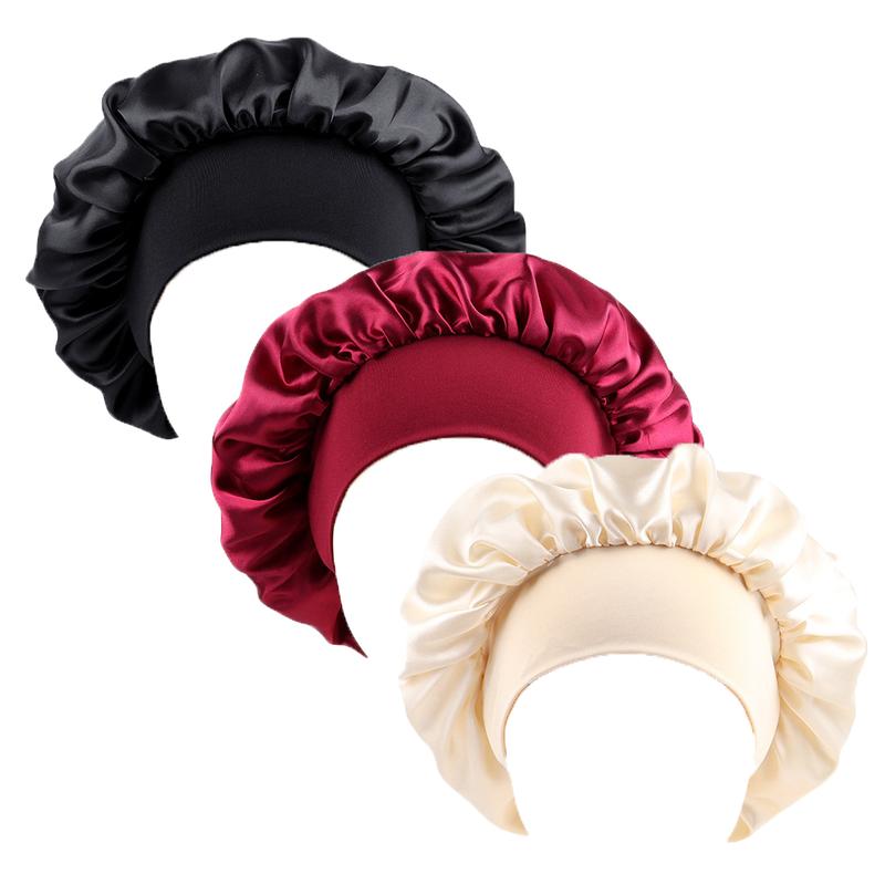 3 Packs Luxurious Satin Bonnet Silk Hair Wrap Set for Curly Hair Elastic Wide Band Women's Sleepwear Accessories for Hair Protection and Style Shower