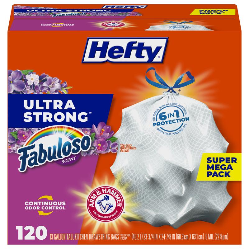 Hefty Ultra Strong 13 gallon Trash Bags, Tall Kitchen Trash Bags, White, Fabuloso Scent, 120 Bags