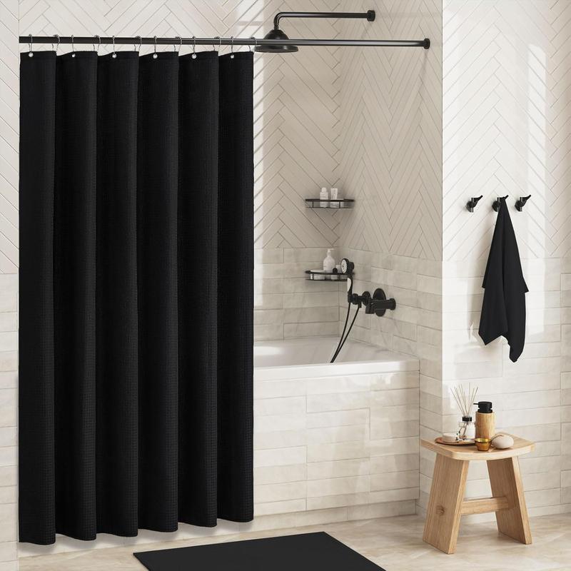 Black Fabric Shower Curtain - Waffle Textured Heavy Duty Cloth Curtains for Bathroom, 256GSM Hotel Spa Luxury Weighted Polyester Bath Curtain Set with 12 Plastic Hooks(72Wx72H, Black)