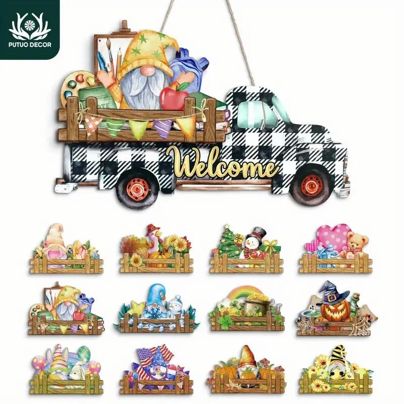 Putuo Decor 13pcs Interchangeable Welcome Sign Seasonal, Wood Red Truck Holiday Welcome Door Sign, Interchangeable Holiday Decor for Independence Day Halloween Fall Winter Thanksgiving pampas  christmas tree