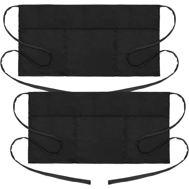 2 Pack Waitress Apron with 3 Pockets - Water & Oil Resistant - Black Waist Aprons for Servers - Half Aprons for Women - 12 Inch