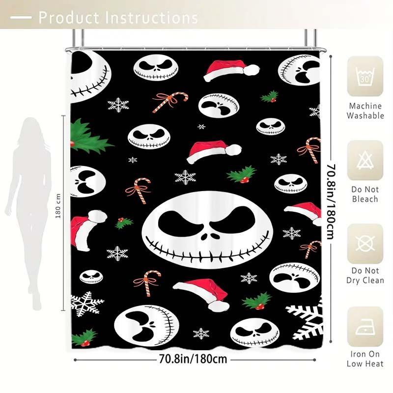 The Nightmare Before Christmas Themed Shower Curtain, 1 Count Waterproof Bathroom Curtain with 12 Hooks, Bathroom Decor for Home Hotel Salon Dormitory