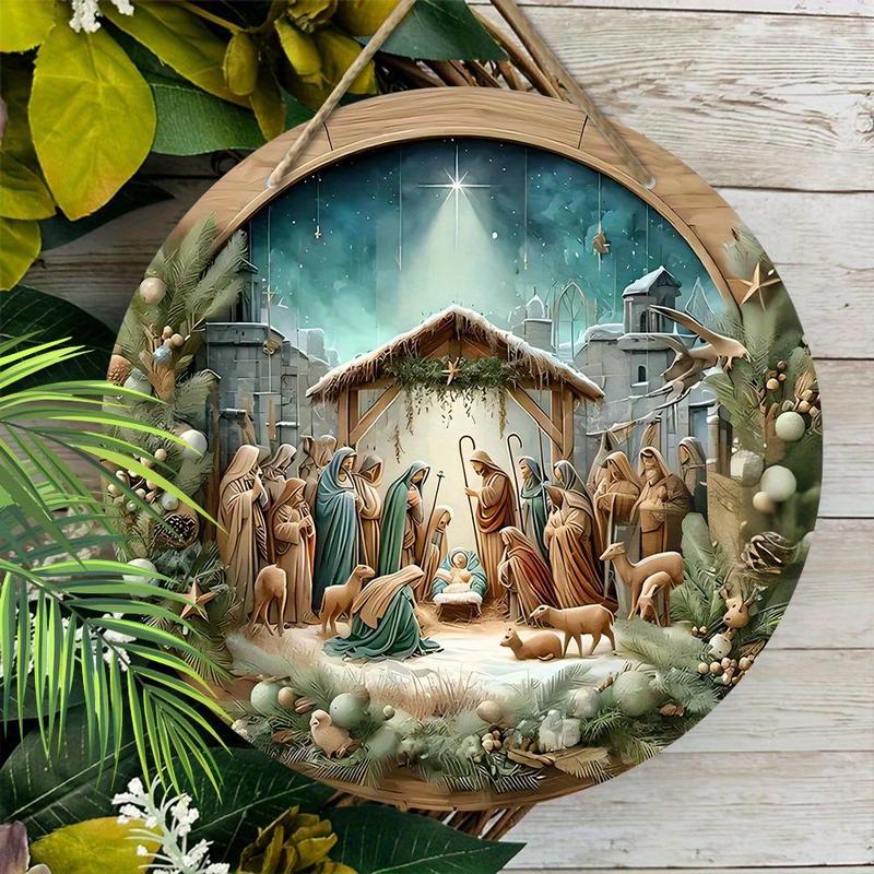 Wooden Christmas Hanging Ornament, 1 Count Nativity Scene Round Christmas Decoration Wall Sign, Ideal Christmas Gift for Christians