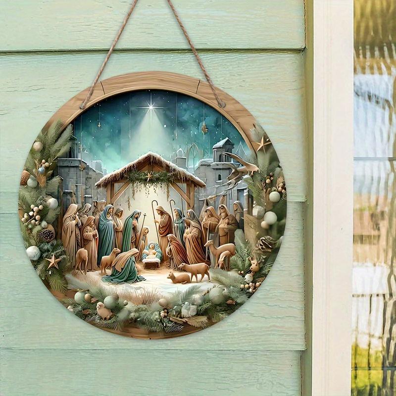 Wooden Christmas Hanging Ornament, 1 Count Nativity Scene Round Christmas Decoration Wall Sign, Ideal Christmas Gift for Christians