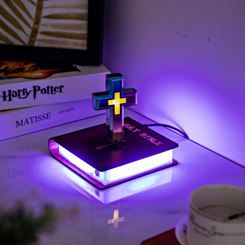 Handmade Levitating Cross, Floating Cross Lamp, Magnetic Levitating Holy Cross Bible Nightlight, Floating Cross Magnetic on Bible Nightlight Decoration for Christian Girl