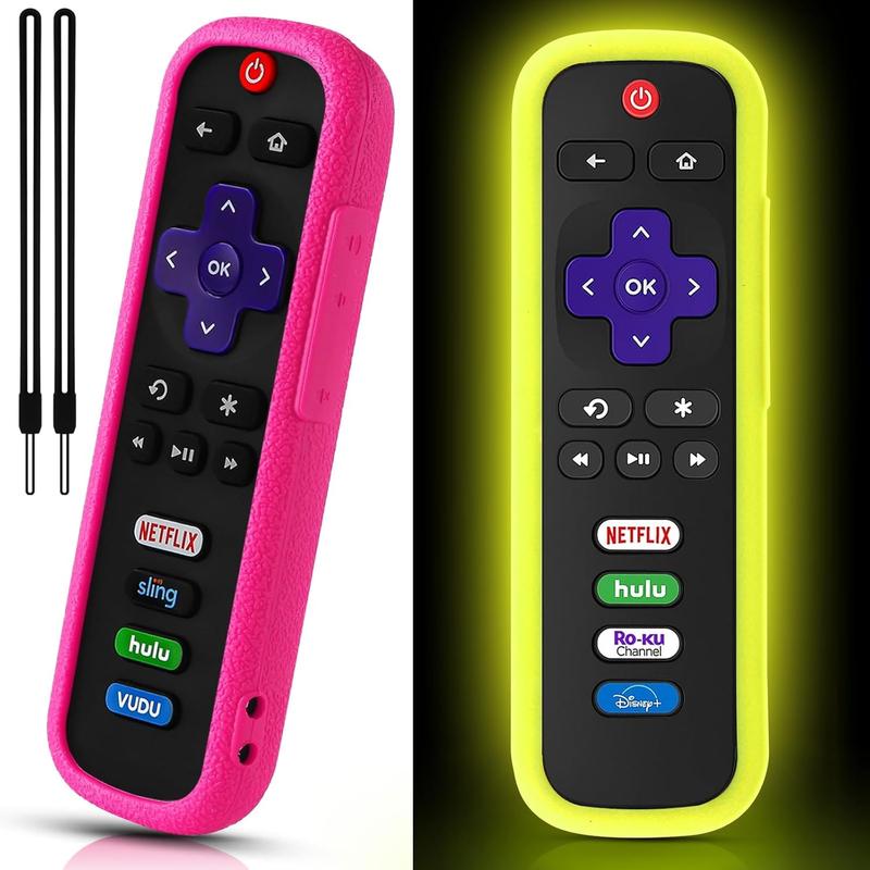 Roku TV Remote Case, 2 Pack, Silicone Protective Controller, Glow in the Dark Yellow and Rose Red, Easy to Find Your Remote Anywhere