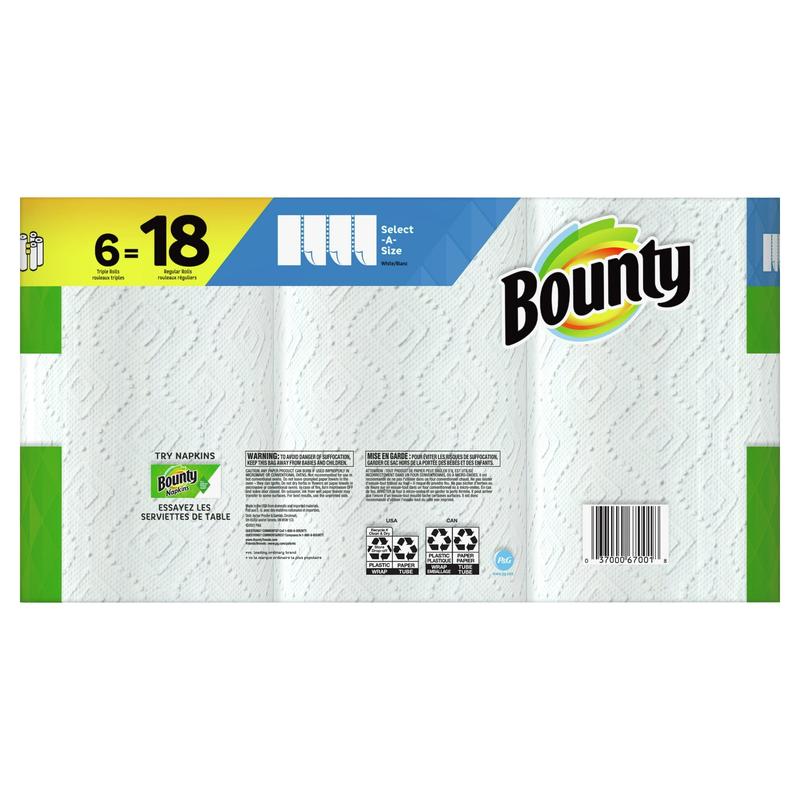 Bounty Select-A-Size Paper Towels, White, 6 Triple Rolls = 18 Regular Rolls, 6 Count