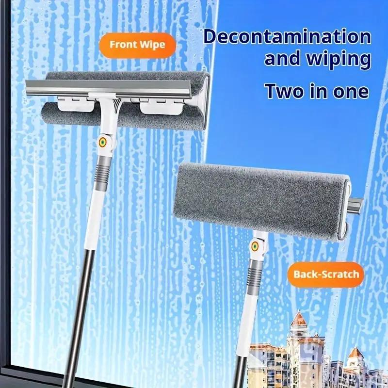 2 in 1 Window Cleaning Brush, 1 Count Manual Glass Door Cleaner with Extendable Handle & 2 Replacement Cloths, Glass Wiper for Home