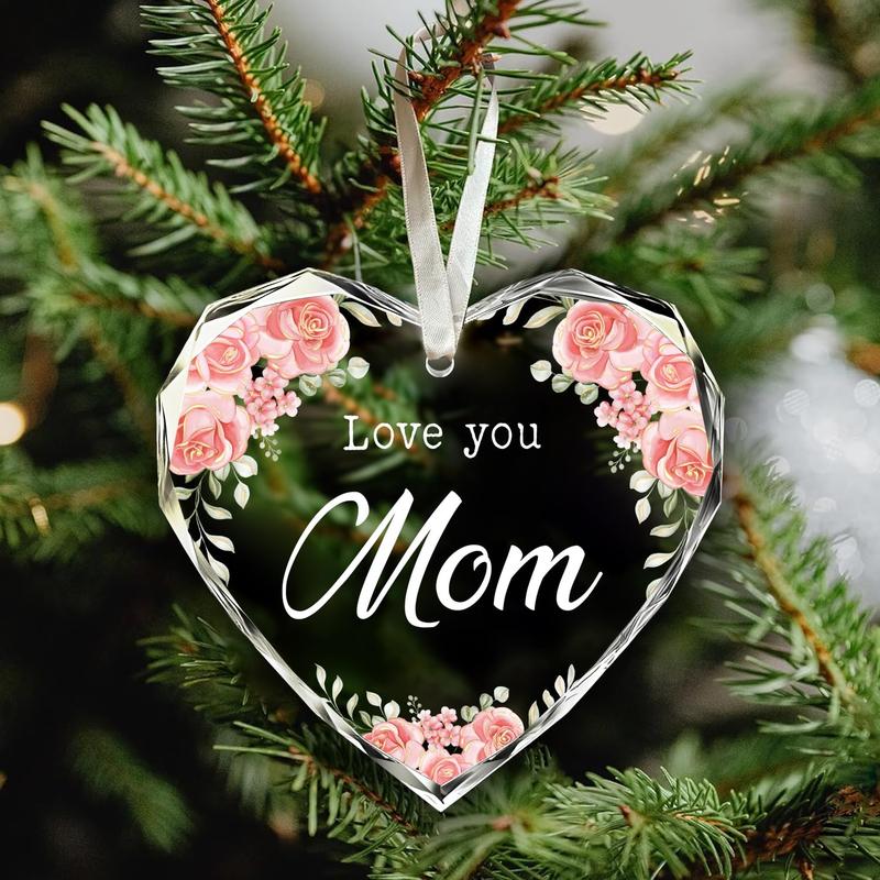 NewEleven Gifts for Mom, Mom Gifts, Mama Gifts, Birthday Gifts for Mom, Gift for Mom from Daughter, Son, Love You Mom Gifts, Thanksgiving, for Mom - Glass Heart Christmas Ornament