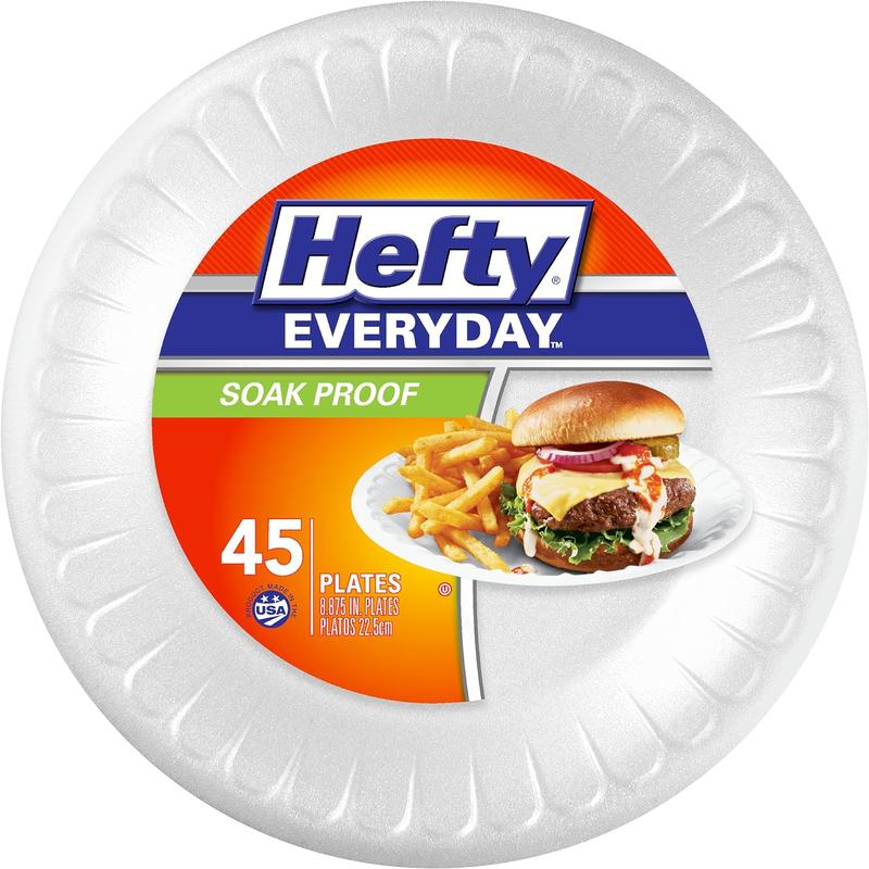 Hefty Everyday 9 Inch Foam Plates, White, 45 Count (Pack of 1) Reynolds Food Packaging