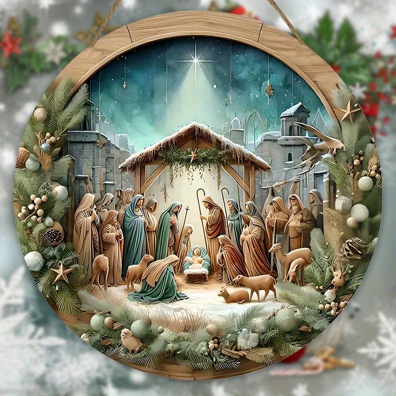 Wooden Christmas Hanging Ornament, 1 Count Nativity Scene Round Christmas Decoration Wall Sign, Ideal Christmas Gift for Christians