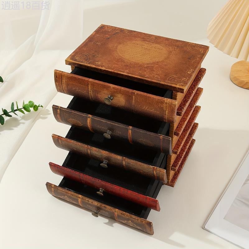 5-Layer Vintage Book-Shaped Wooden Storage Box with Drawers, Classic American Style Jewelry Organizer, Collectible Desk and Drawer Organizer, No Electricity Required, Desk & Drawer Organizer for Home Storage