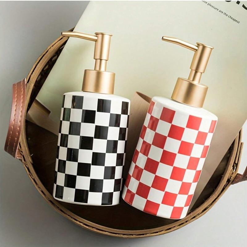 Checkerboard Pattern Ceramic Soap Dispenser, 10.55oz Soap Dispenser with Manual Pump, Refillable Empty Container for Shampoo, Body Wash, Hand Soap