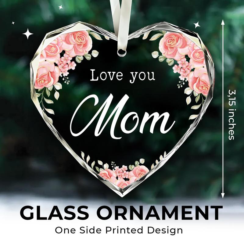 NewEleven Gifts for Mom, Mom Gifts, Mama Gifts, Birthday Gifts for Mom, Gift for Mom from Daughter, Son, Love You Mom Gifts, Thanksgiving, for Mom - Glass Heart Christmas Ornament